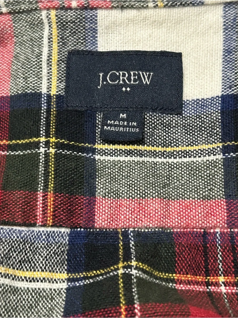 J. Crew Red, White & Navy Plaid Button-Down Shirt with Brown Elbow Patches - M